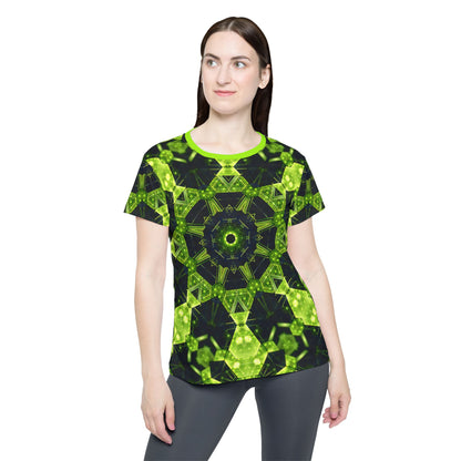 'Geocomb' sport tee for women, angled view showing the fabric and fit.