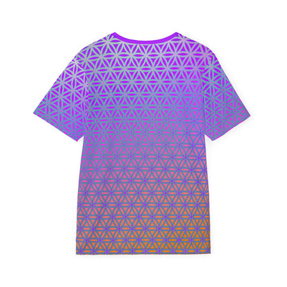 Men's sport tee in the Flower de Life V2 sacred geometry all-over print design, close-up of the print.