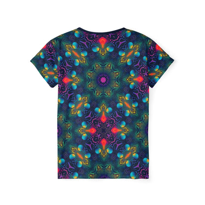 Angled view of the Cosmic Fingerprint V2 women's sport tee showing the all-over print.