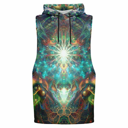 Ghost mannequin front view of the “To Tree or Not to Tree” sleeveless hoodie, showing the drop armhole cut and hood.