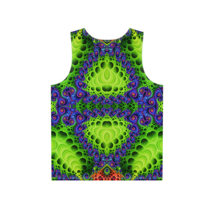 Close-up view of the print detail on the Starburst Split men's tank top.