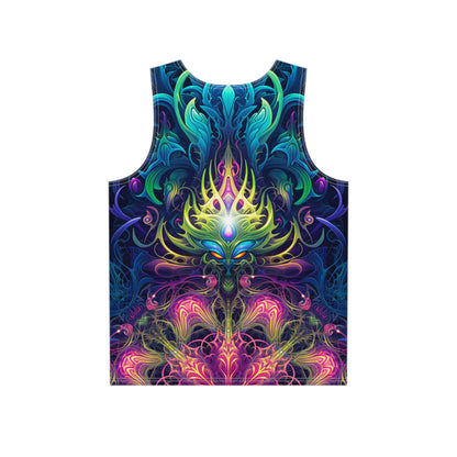 Close-up of the Gatekeepers print detail on the men's tank top fabric.