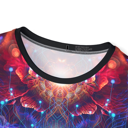 Close-up of the Magnus Opum sport tee print showing color and pattern detail.