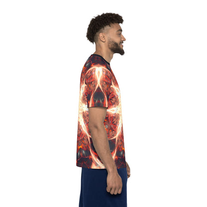 Corner detail of the Muladhara print near the hem of the sport tee.