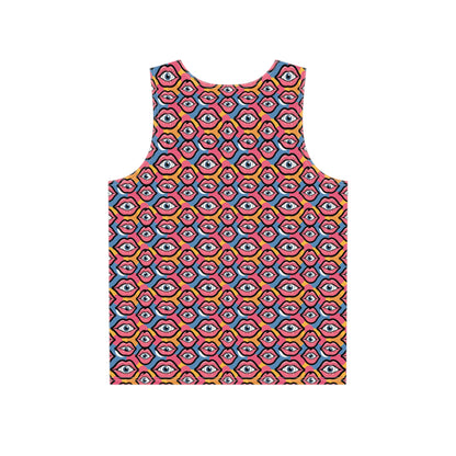 Angled view of the Eyeballs & Lips Pattern men's tank top on a model, showing the fabric drape.