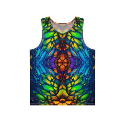 Flat lay of the Scaled print men's tank top showing the full all-over design.