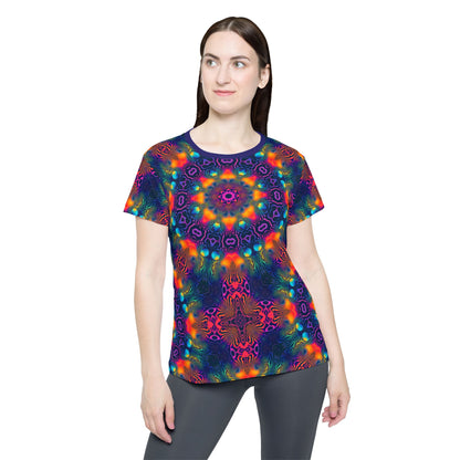Close-up of the Cosmic Fingerprint V3 print detail on the sport tee fabric.