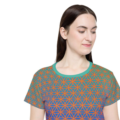Women's sport tee in the Flower de Life sacred geometry all-over print design, laid flat.
