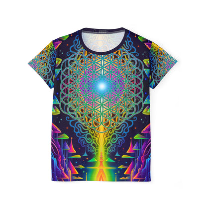 Flat lay of the Maze of Life Flip women's sport tee showing the all-over psychedelic print.