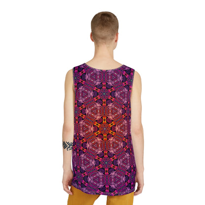 Overhead view of the Forged In Neon men's tank top laid flat.