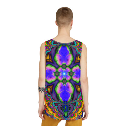 Corner detail of the Stillpoint men's tank top print and fabric.