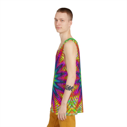 Side view of the 'Tie Dye Burst' men's tank top highlighting the all-over print.