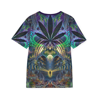 Close-up of the "Heightened Stroll" print on the men's sport tee fabric.