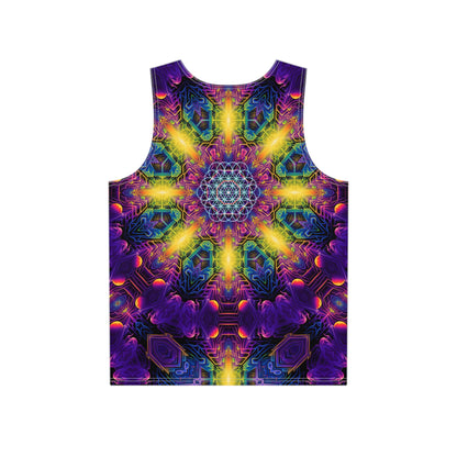 Close-up of the print detail on the 'DMandalaT' men's tank top.