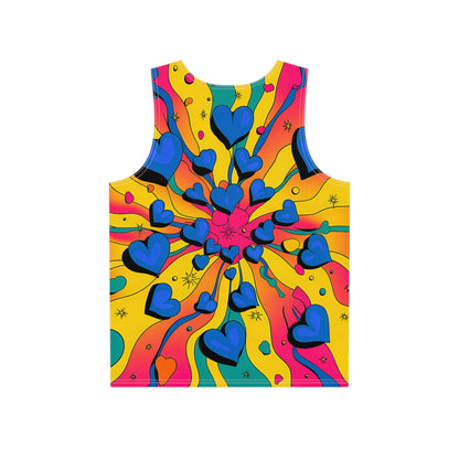 Close-up of the Psychedelic Hearts print detail on the men's tank top fabric.