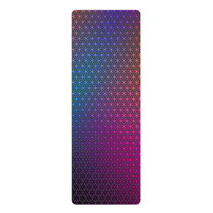 Flat lay of the Rainbow Flower of Life Mandala yoga mat showing the full rainbow print.