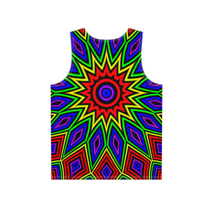 Close-up view of the print detail on the Step Right Up men's tank top.