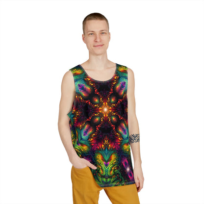 Close-up of the Seed of Knowledge Mandala print detail on the tank top.