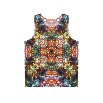 Front view of the Kaleidobloom men's tank top with psychedelic art design.