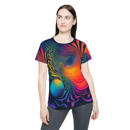 Close-up of the Cosmic Fingerprint print detail on the sport tee fabric.