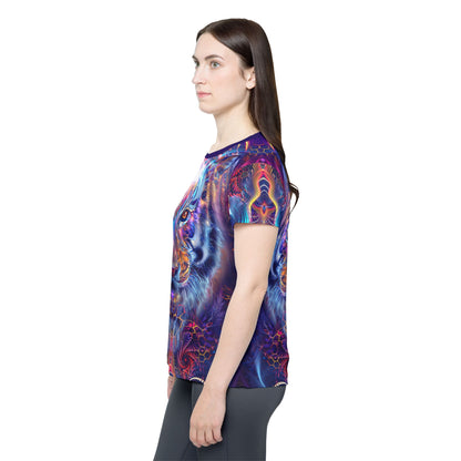 Women's sport tee in the Empurrress psychedelic cat all-over print design, shown from above.