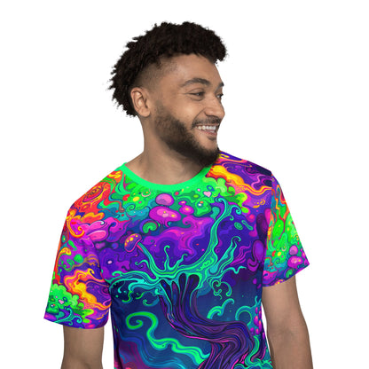 Three-quarter angle of the Mush Tree So Color sport tee showing the print placement.