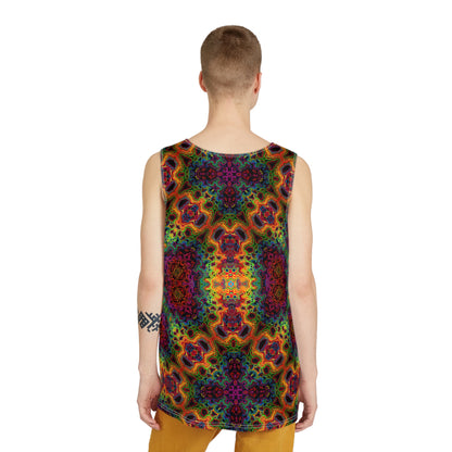Angled view of the Lysergic Burst men's tank top on display.