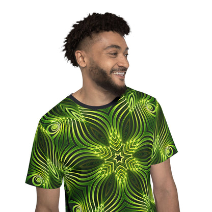Detail of the hem and seam on the "Green Lattice" print men's sport tee.