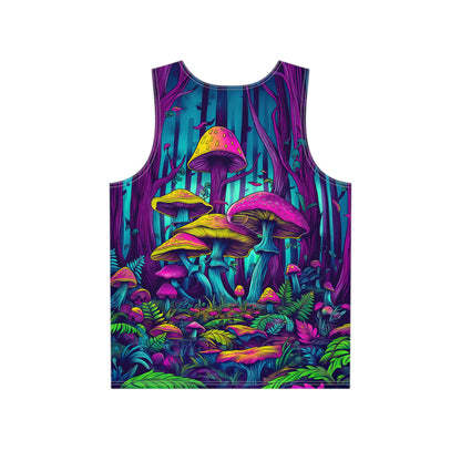 Close-up of the Mushroom Forest print design on the tank top fabric.