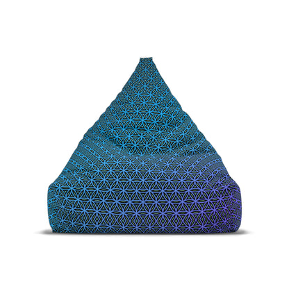 Close-up of the Blue Flower of Life print detail on the bean bag chair cover fabric.