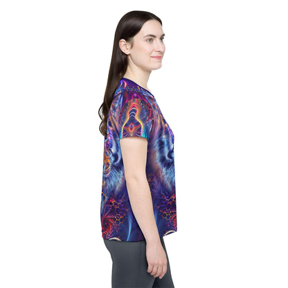 Women's sport tee in the Empurrress psychedelic cat all-over print design, detail of the all-over print.