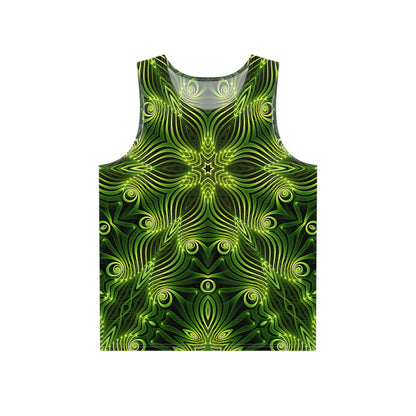 Front view of the Green Lattice men's tank top with sacred geometry art design.