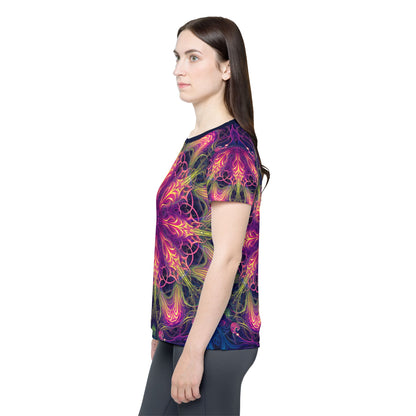 'Gatekeepers Mandala' sport tee for women, corner view showing the hem and seam.