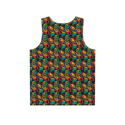 Close-up of the Smiley Green Yellow Pattern print on the men's tank top fabric.