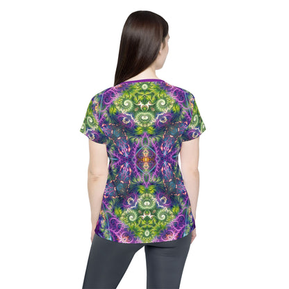 Women's sport tee in the Emergence Pattern psychedelic all-over print design, front view.