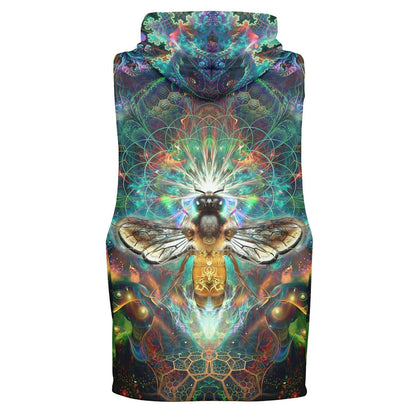 Ghost mannequin back view of the “To Bee or Not to Bee” sleeveless hoodie, showing the all-over print.