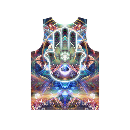 Close-up of the print detail on the 'Divine Protection' men's tank top.