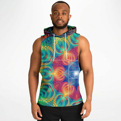 A second model wearing the “Free Your Mind - Fibonacci” sleeveless hoodie, front view, fit and drape.