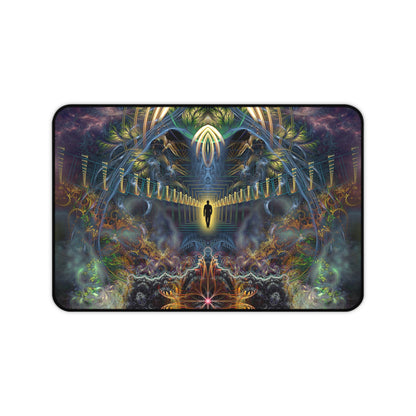 The stitched black edge and border of the "Heightened Stroll" desk mat.