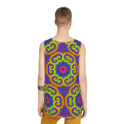 Honeycore Fractal men's tank top shown on a model at an angle.