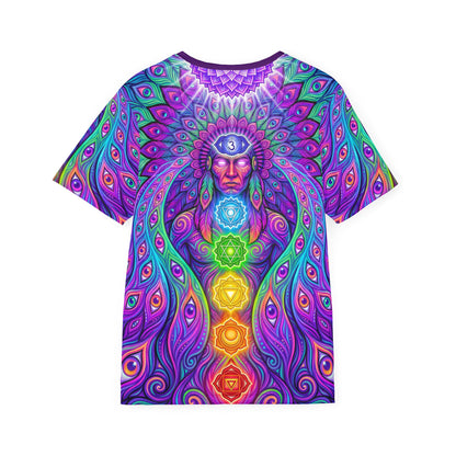 Close-up of the print detail on the 'Shamanic Emanation' sport tee.