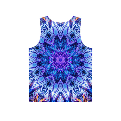 Close-up of the Space Oasis print on the men's tank top fabric.