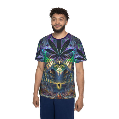 Corner detail of the "Heightened Stroll" print men's sport tee.