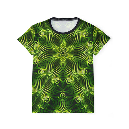 Flat lay of the "Green Lattice" all-over print women's sport tee.