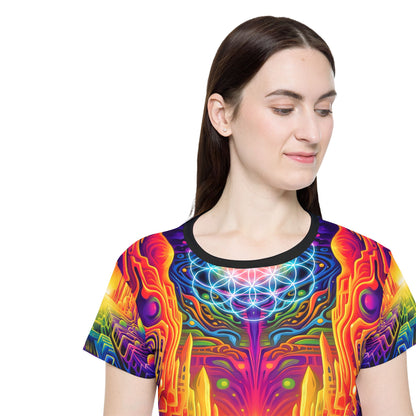Women's sport tee in the DMTron psychedelic all-over print design, laid flat.
