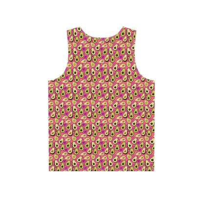 Back view of the 'Avocado Pattern' men's tank top laid flat, showing the print continuing across the fabric.
