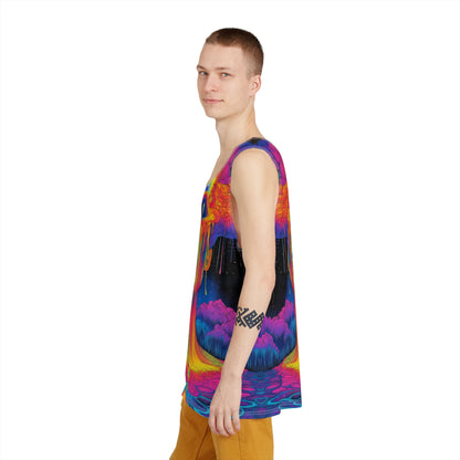 Another angle of the See The Truth men's tank top showing the print.