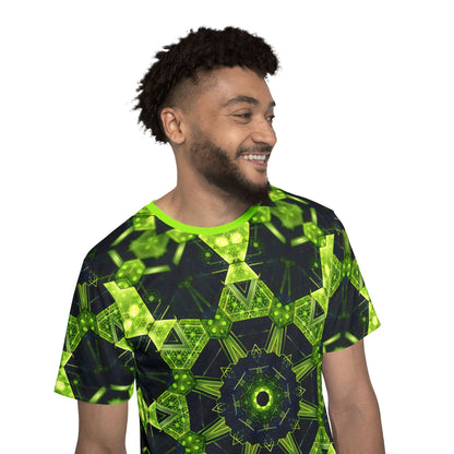 'Geocomb' sport tee for men, side view showing the full-length print.