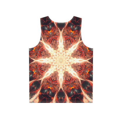 Angled view of the 'Muladhara' all-over print covering this men's tank top.