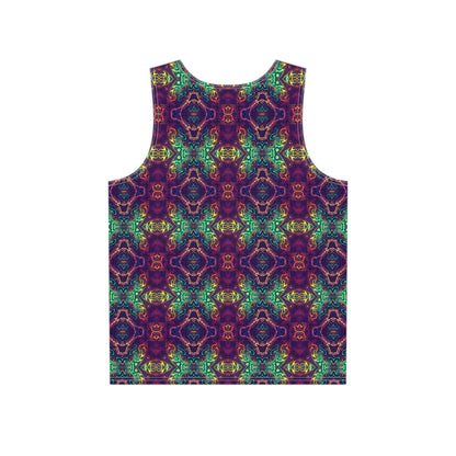 Angled view of the 'McTrippy' all-over print covering this men's tank top.